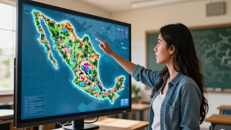 Estudiante mexicano señala un mapa holográfico vibrante