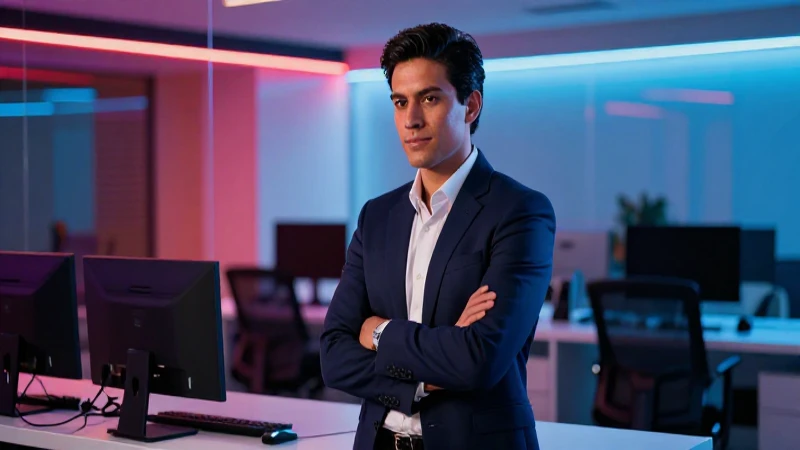 Profesional mexicano en oficina moderna y dramática