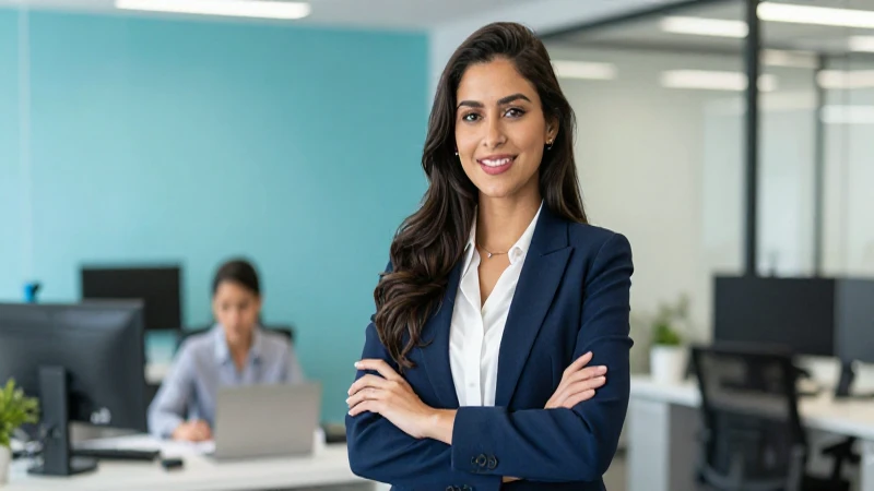Profesional joven en oficina moderna representa éxito