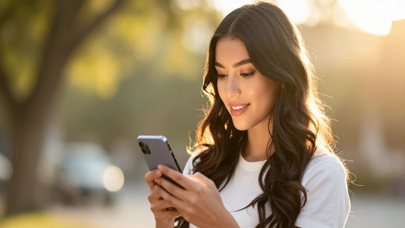 Hermosa mujer mexicana mira teléfono bajo luz dorada