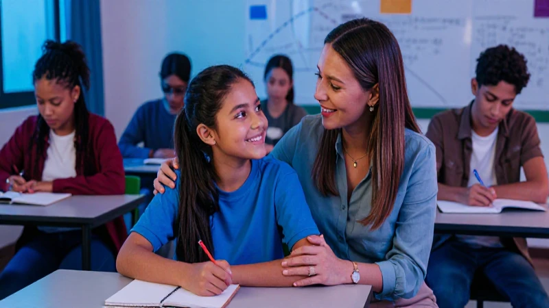 Estudiante mexicano sonriente con padre en aula moderna