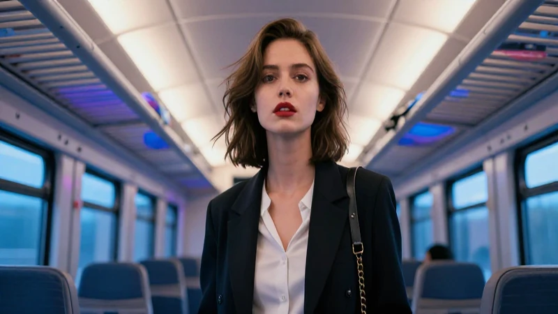Mujer estilizada en tren con iluminación cinematográfica