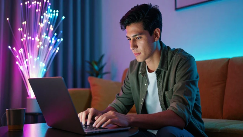 Joven mexicano trabaja con laptop en ambiente moderno y dinámico