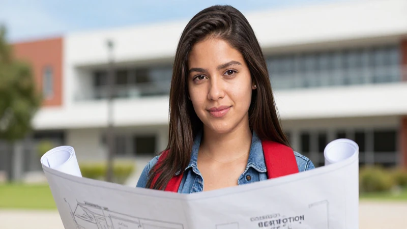 Estudiante mexicano con plano arquitectónico en campus moderno