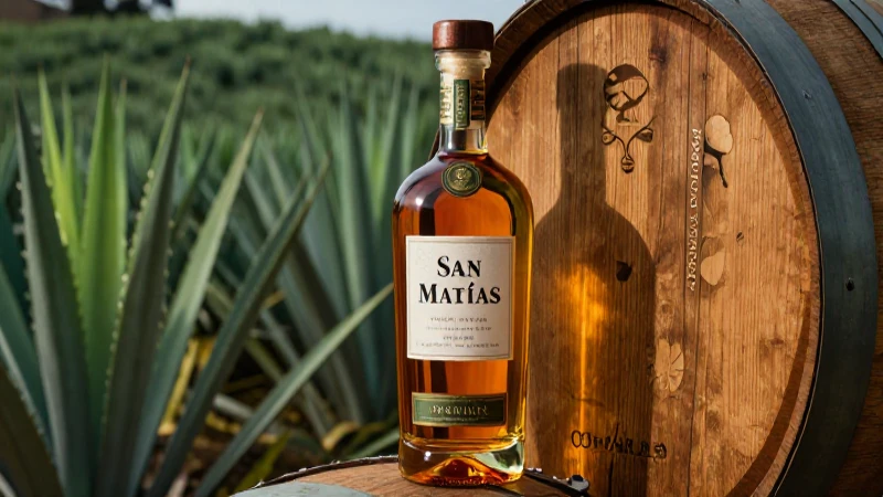 Botella de tequila San Matías en campo de agave