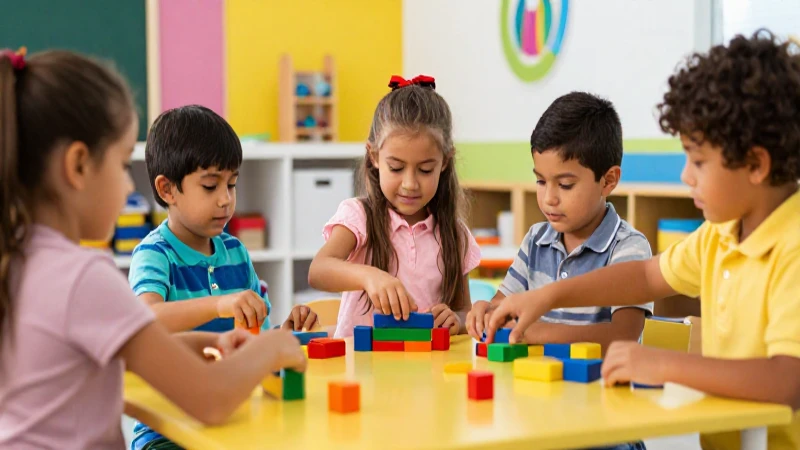 Niños mexicanos aprendiendo con bloques coloridos
