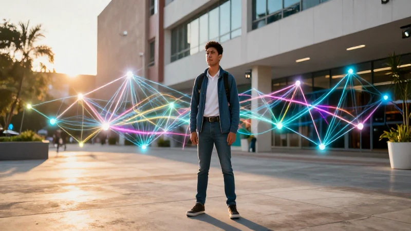 Estudiante mexicano futurista en un campus dorado