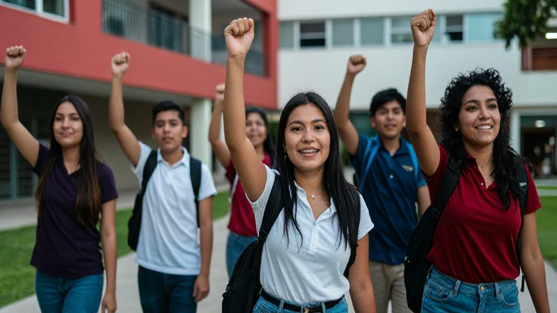 Estudiantes mexicanos celebrando éxito académico en el campus