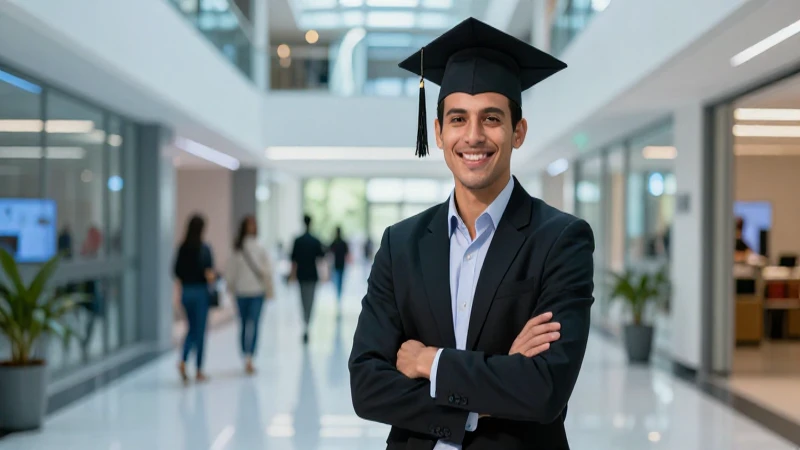 Joven graduado mexicano sonríe en un campus futurista