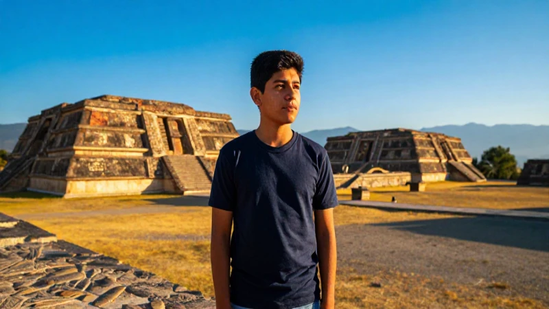 Estudiante mexicano en ruinas con luz épica