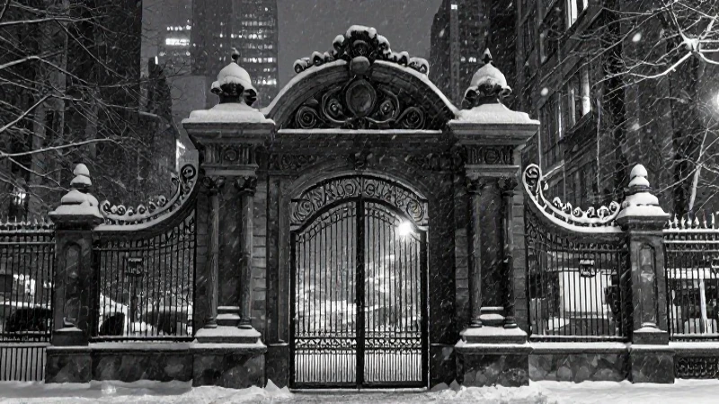 Pasaje invernal dramático con nieve y luces