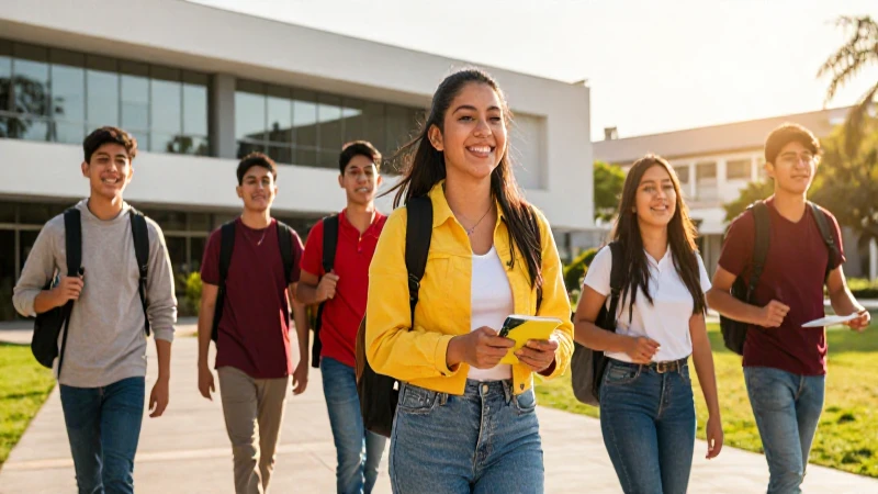 Estudiantes felices en vibrante campus universitario