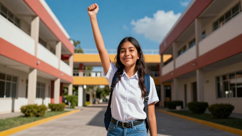 Estudiante mexicano exitoso en campus moderno
