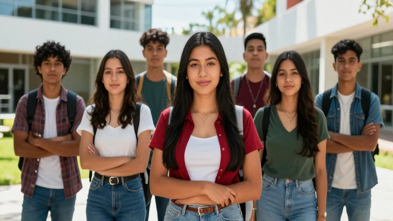 Jóvenes mexicanos entusiastas en campus moderno