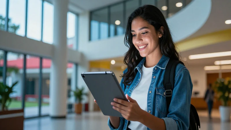 Estudiante mexicano exitoso con tablet futurista