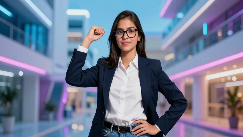 Estudiante mexicana vibrante en campus futurista