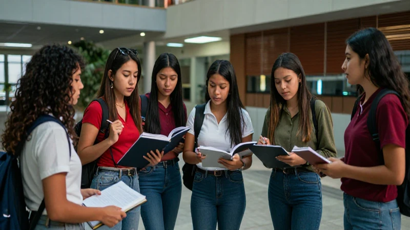 Estudiantes mexicanos en campus vibrante y cinematográfico