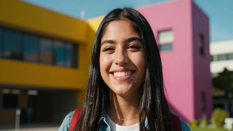 Estudiante sonríe mostrando la oferta académica