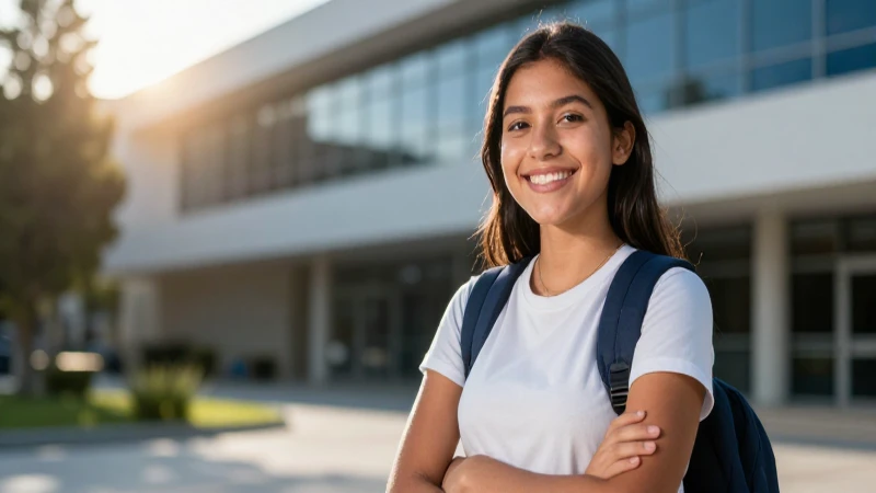 Estudiante mexicano sonriente en moderno campus universitario