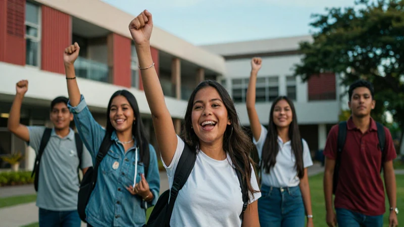 Estudiantes mexicanos celebrando éxito en campus moderno