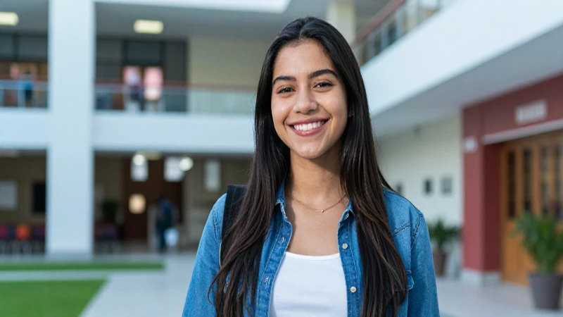 Joven mexicana sonriendo en campus moderno