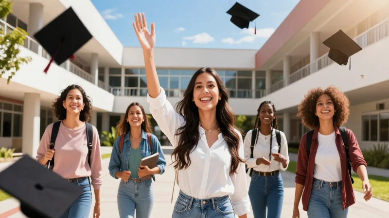 Estudiante mexicana sonríe en campus vibrante y moderno