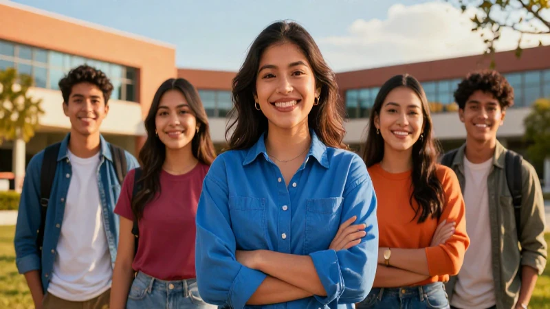 Estudiante sonriente en campus educativo moderno