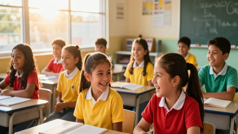 Niños mexicanos felices en aula moderna bañada por luz