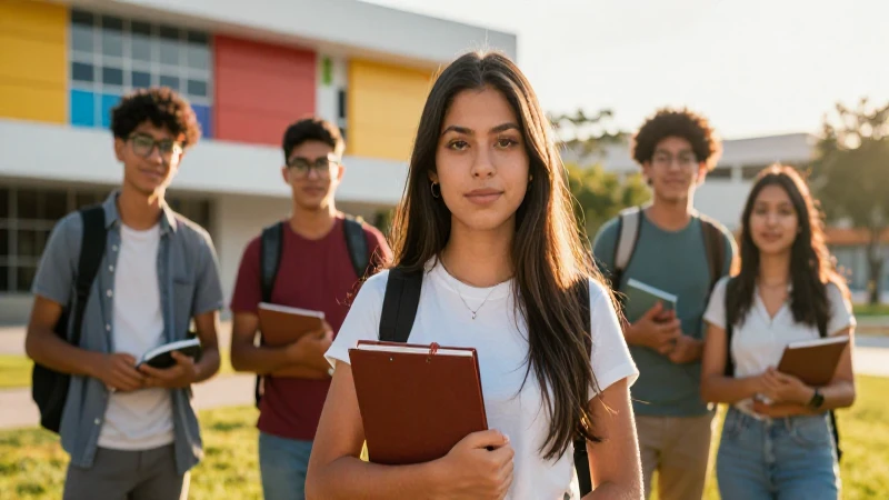 Estudiante mexicano, luz dorada, estilo cinemático