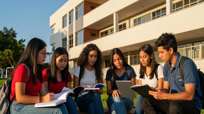 Jóvenes mexicanos estudian en campus universitario moderno