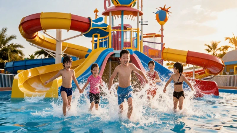 Niños felices saltan en parque acuático brillante