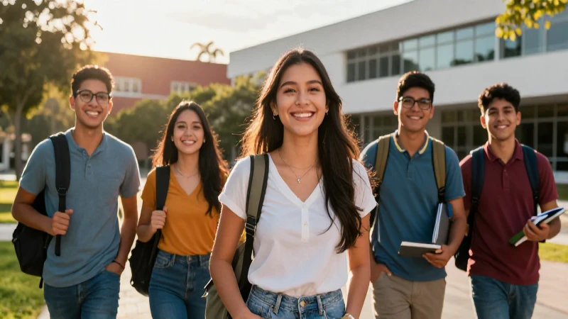 Estudiantes mexicanos alegres en campus moderno