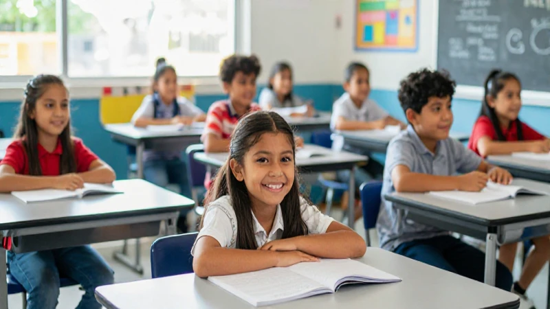 Niños felices en escuela moderna, luz cinematográfica