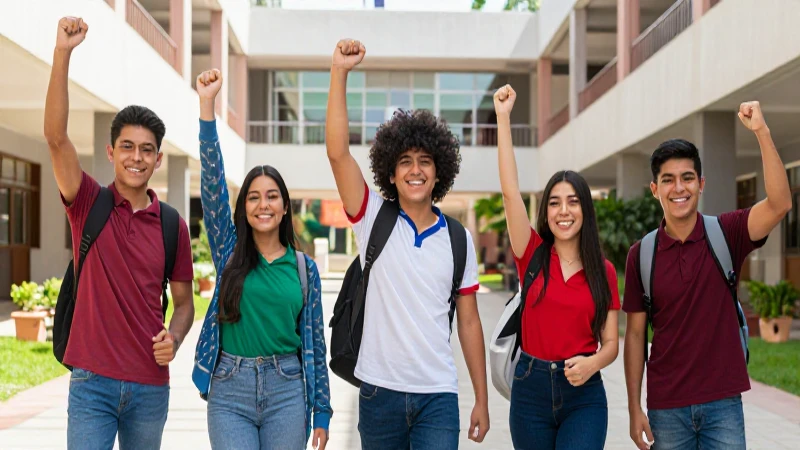 Estudiantes universitarios mexicanos celebrando su éxito en un campus moderno