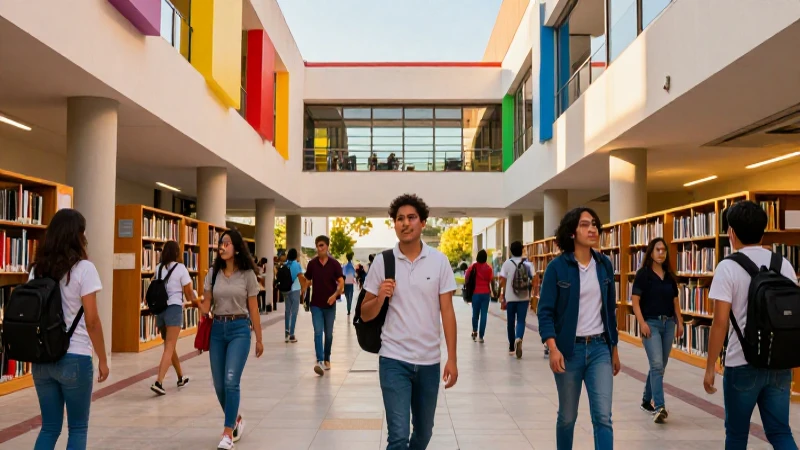 Estudiantes mexicanos en campus moderno y luz dorada