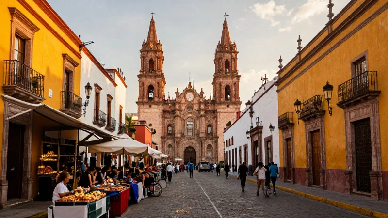 Calles coloniales vibrantes de la Ciudad de México al atardecer