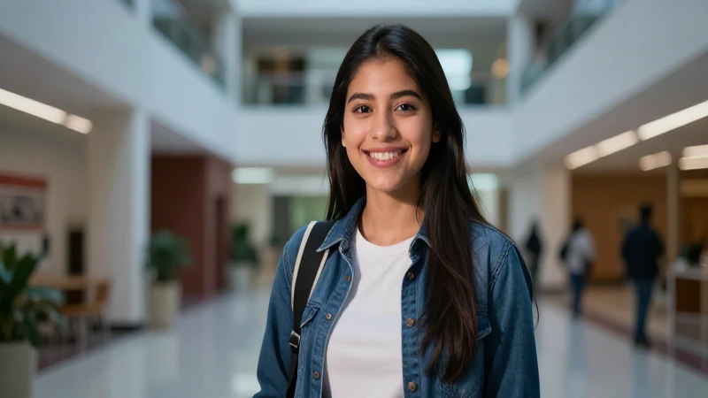 Estudiante sonríe en moderno campus universitario