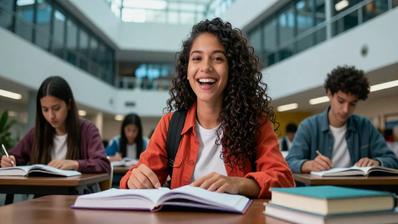 Estudiante mexicana feliz en moderno campus