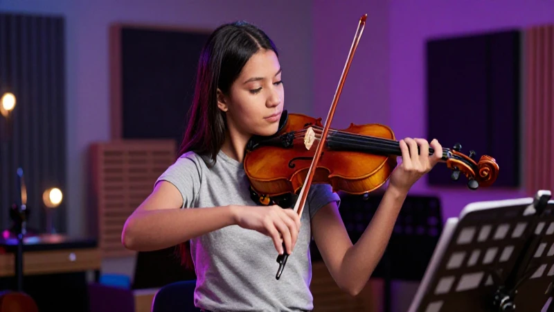 Estudiante mexicana toca violín con iluminación cinematográfica