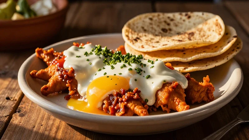 Chilaquiles dorados al atardecer, foto vibrante