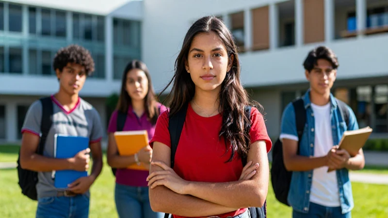 Joven mexicana, sonriente, en un campus moderno y vibrante