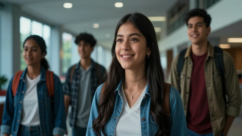 Joven mexicana sonriente en campus universitario moderno