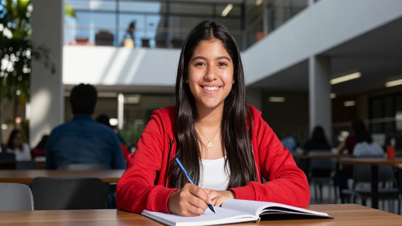 Estudiante mexicano sonríe en campus universitario moderno