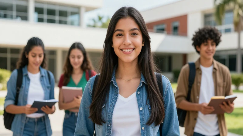 Estudiante mexicana exitosa en campus moderno