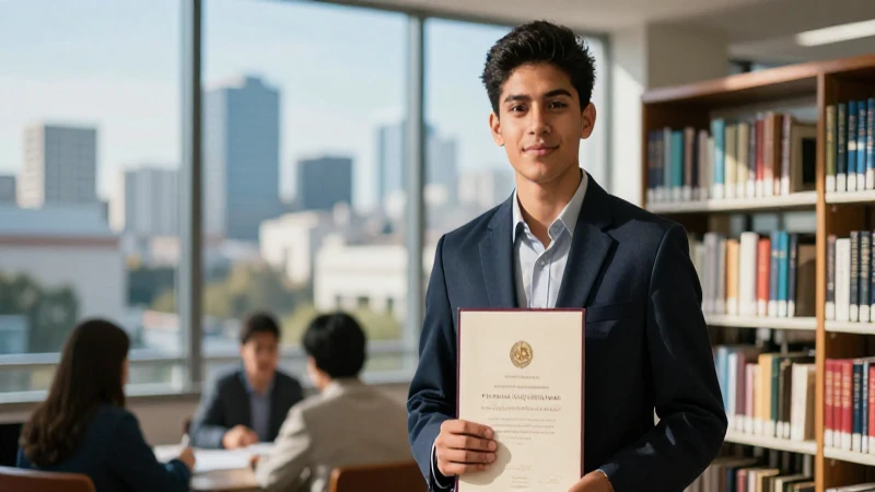 Joven graduado mexicano en biblioteca moderna