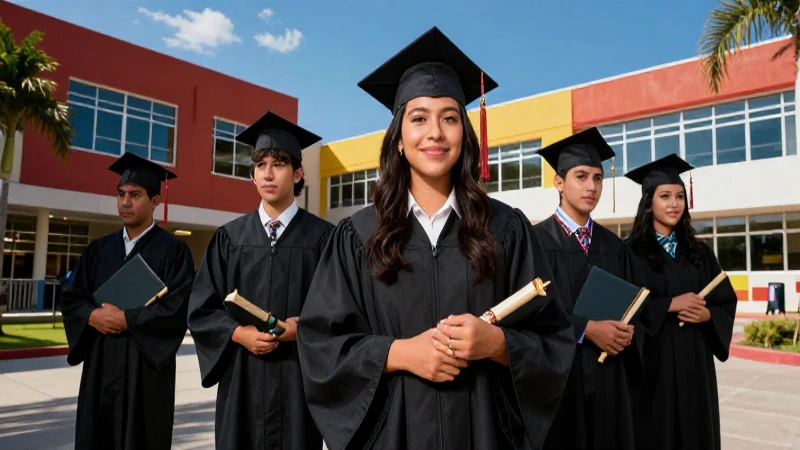 Graduación mexicana vibrante en campus moderno