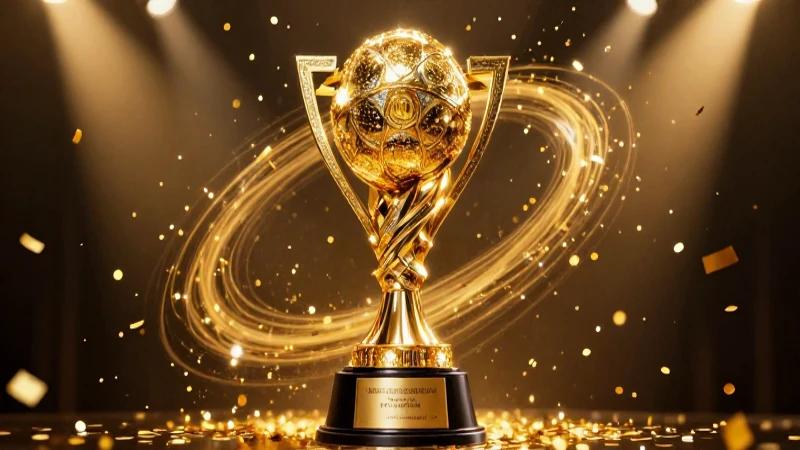   Trofeo gigante brillante con confeti y luces
