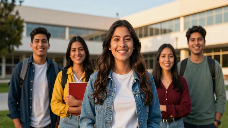 Estudiante mexicano sonriendo en campus moderno