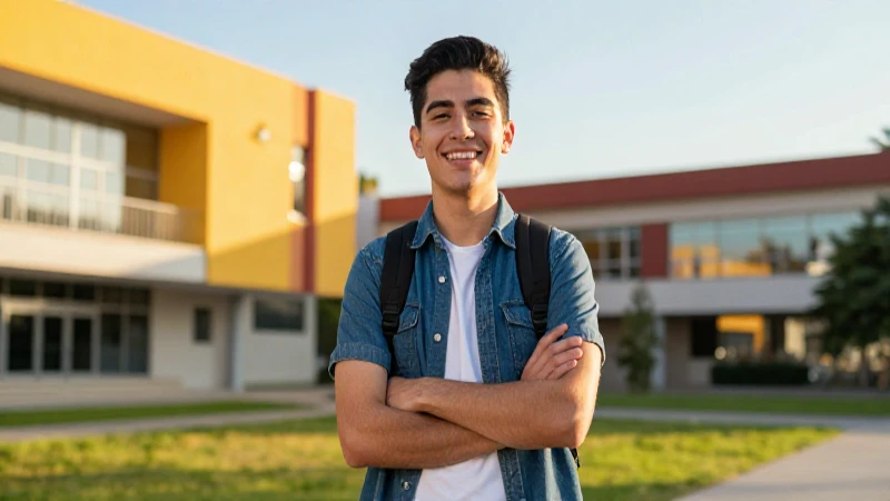 Joven mexicano sonríe en vibrante campus universitario