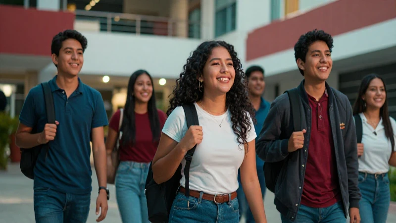 Estudiantes mexicanos alegres en campus moderno